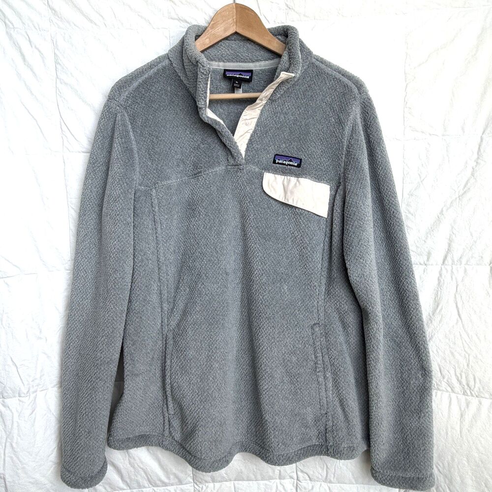 Patagonia Re-Tool Snap-T Light Gray Fleece Pullover with Cream Pocket Trim XL